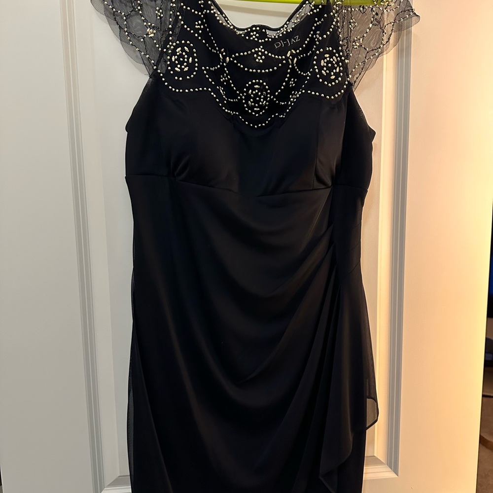 Ina navy blue Ruched Asymmetrical Gown with Cowl Neck
